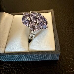 Trillion and Round Tanzanite Rhodium over Sterling Flower Ring. Sz 7.